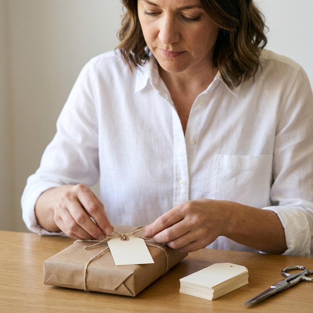 Hands tying a simple cream-colored favor tag to a small package using natural twine, with a stack of blank tags and scissors on the table