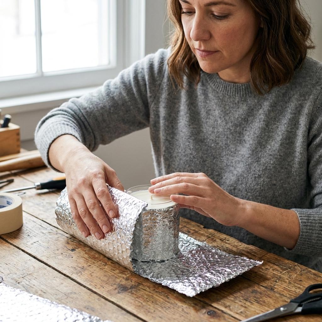 Hands wrapping a glass jar candle with reflective thermal bubble wrap on a wooden work table