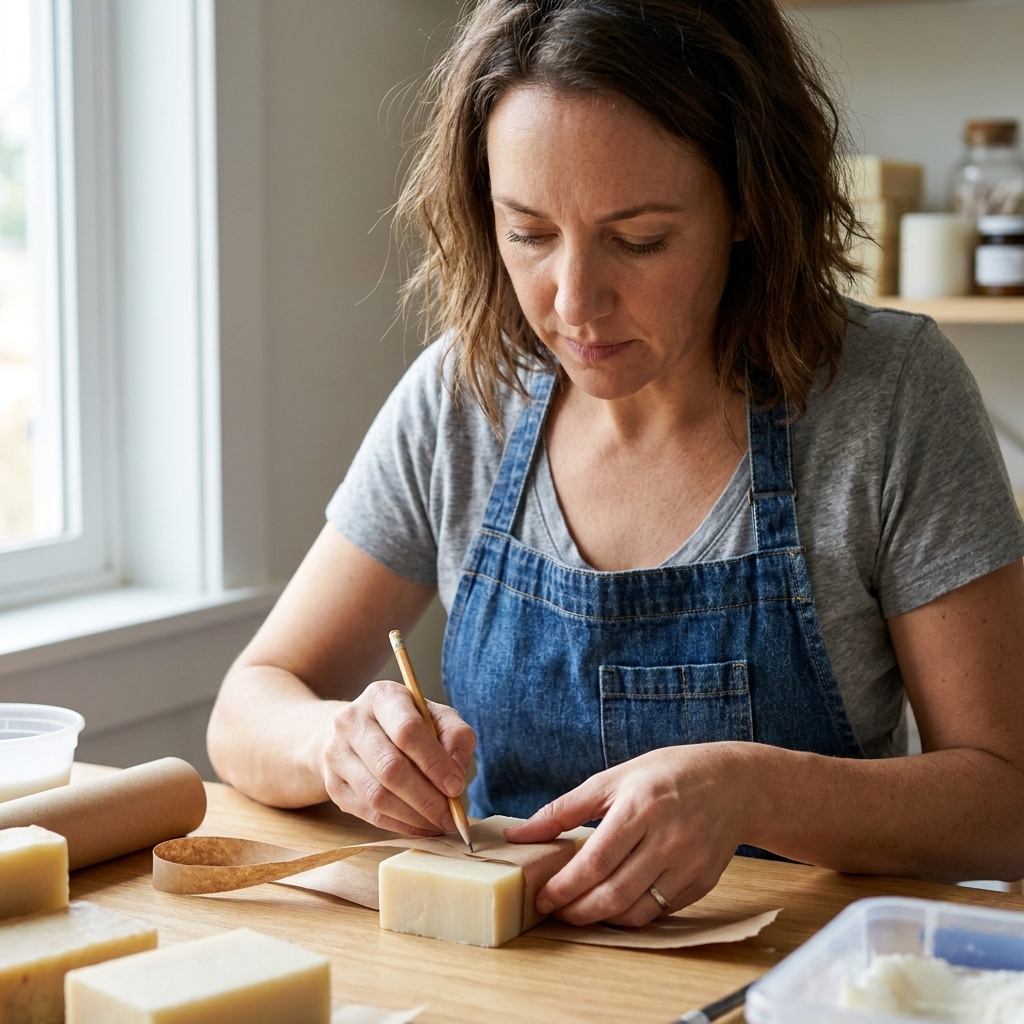 Hands wrapping a scrap paper strip around the middle of a cured soap bar and marking the overlap with a pencil