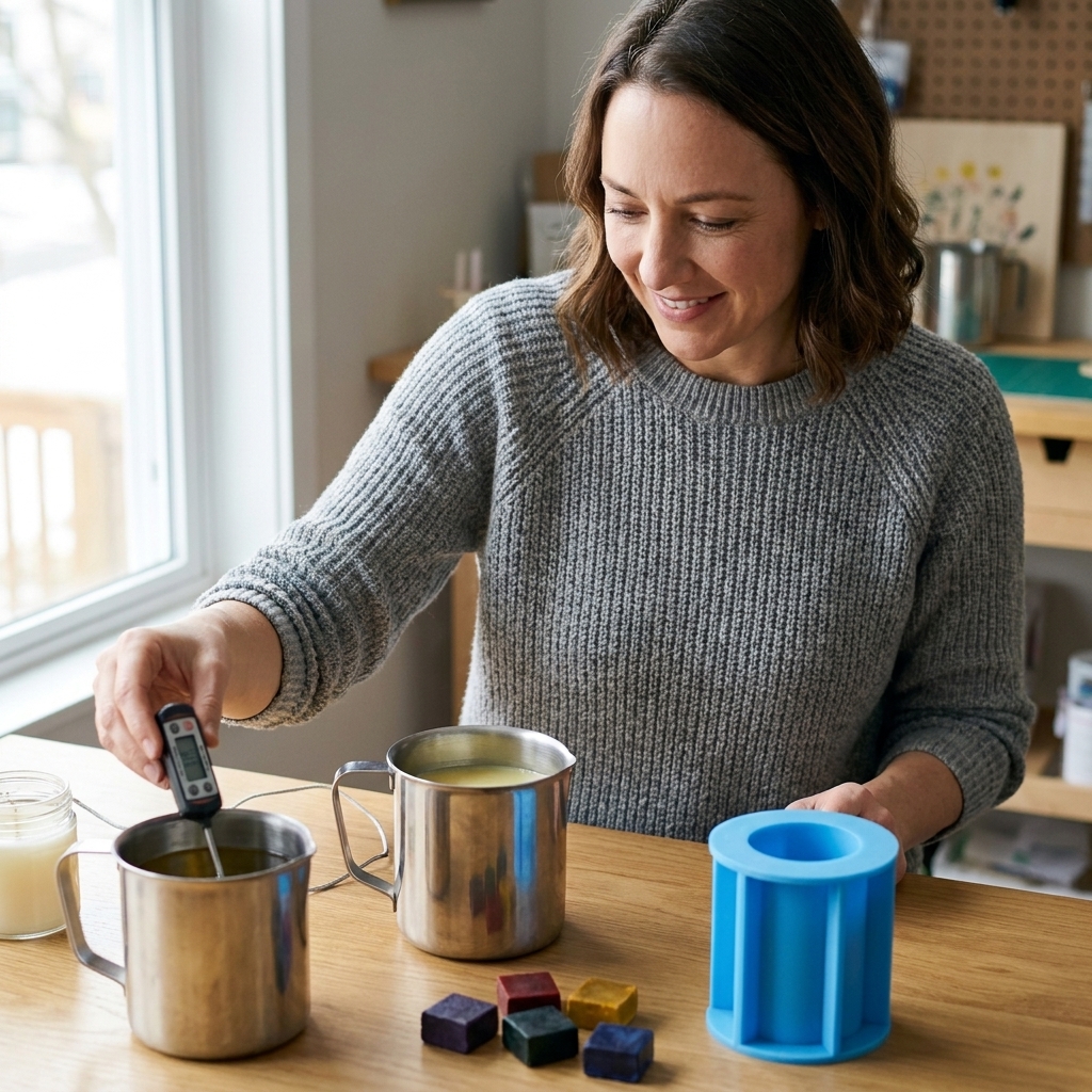 Metal candle pouring pitchers, a digital thermometer, dye blocks, and a silicone pillar mold arranged on a clean crafting table