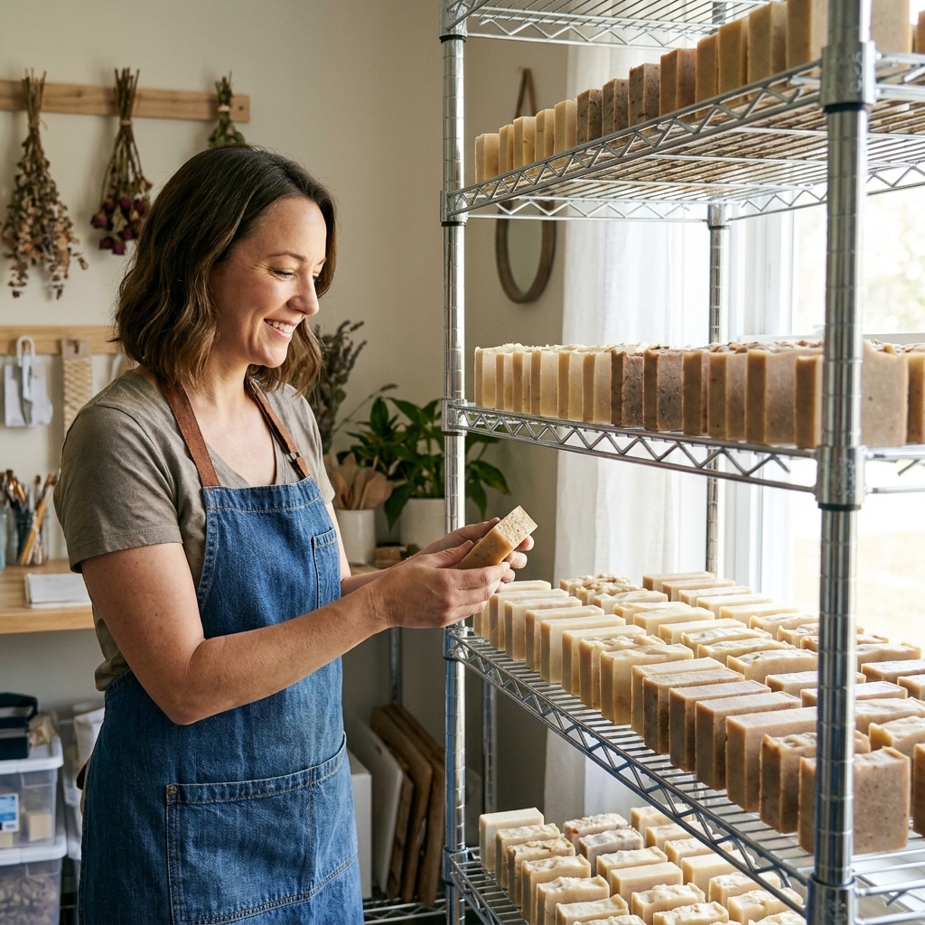 Rows of handmade soap bars curing on a chrome wire shelving unit in a craft room, each bar separated with visible gaps for airflow