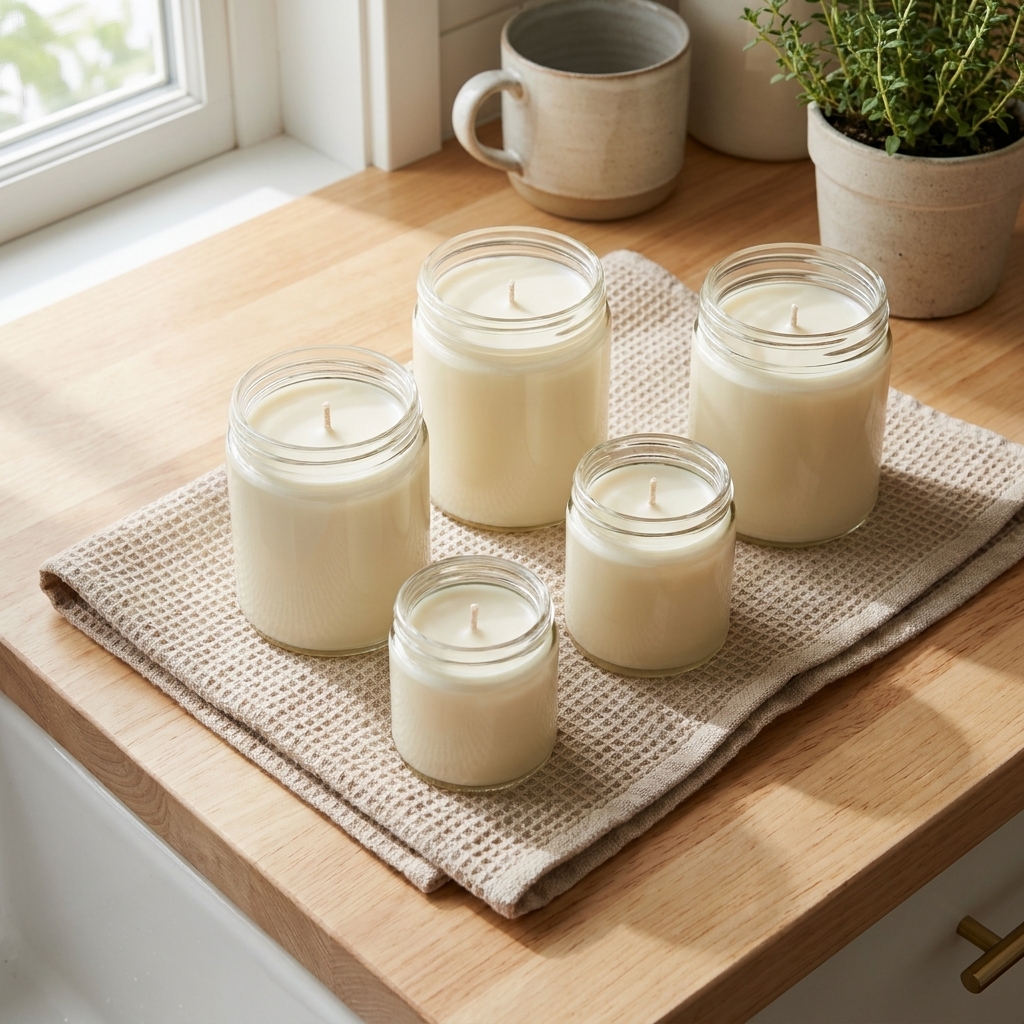 Several glass jar candles cooling on a folded towel on a countertop, each with centered wicks and smooth wax surfaces