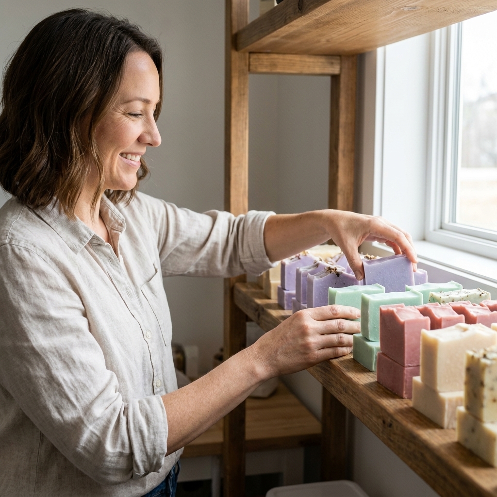 Several pastel-colored handmade soap bars curing on a shelf, showing crisp edges and a matte, dry surface texture