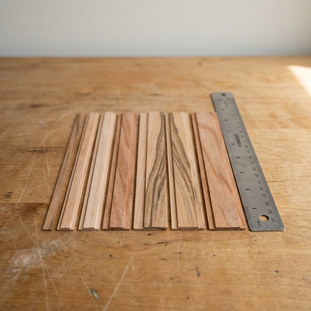 Several wooden candle wicks in different widths laid out on a work surface next to a ruler