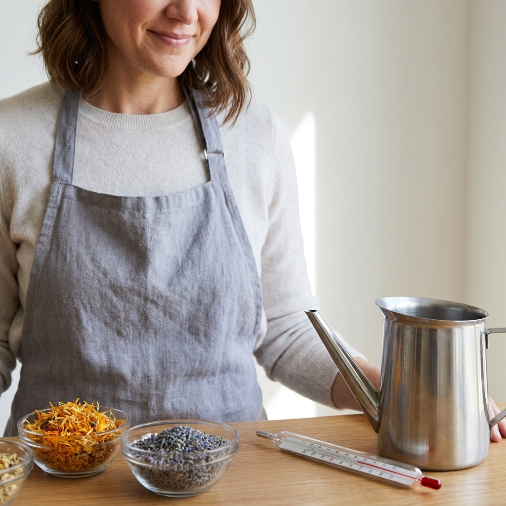 Small glass bowls holding dried calendula petals and lavender buds next to a thermometer and a metal wax pouring pitcher