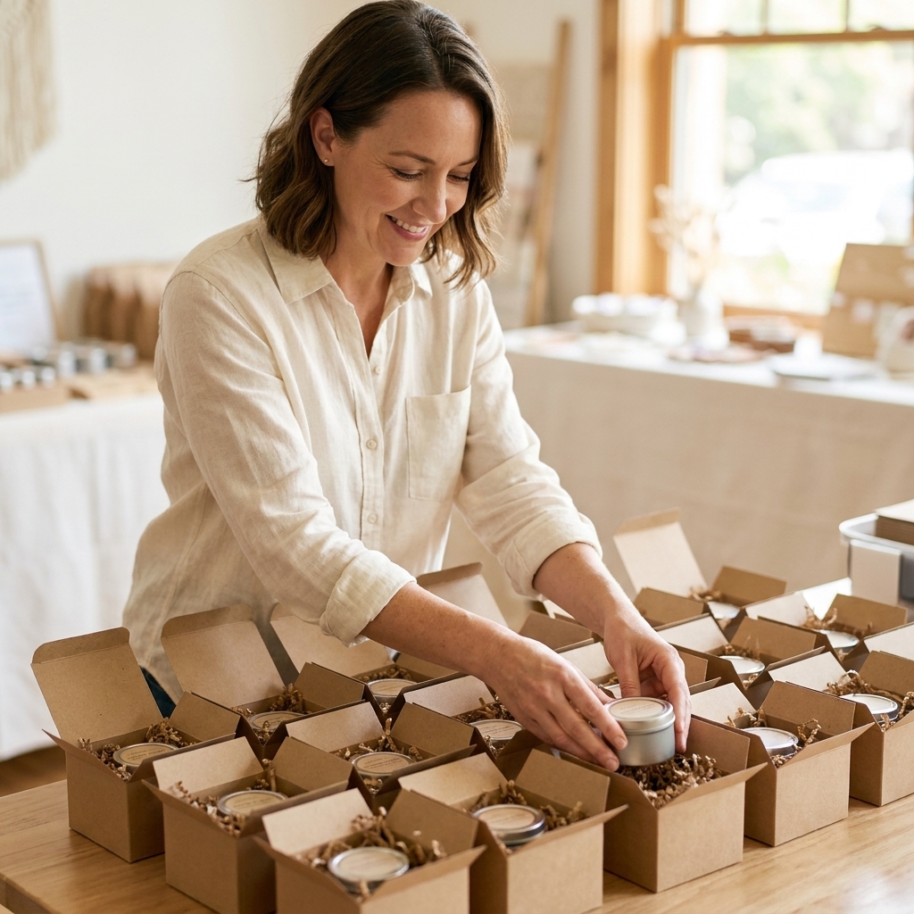 Small kraft favor boxes arranged in neat rows on a table, each holding a mini candle tin tucked inside shredded paper filler