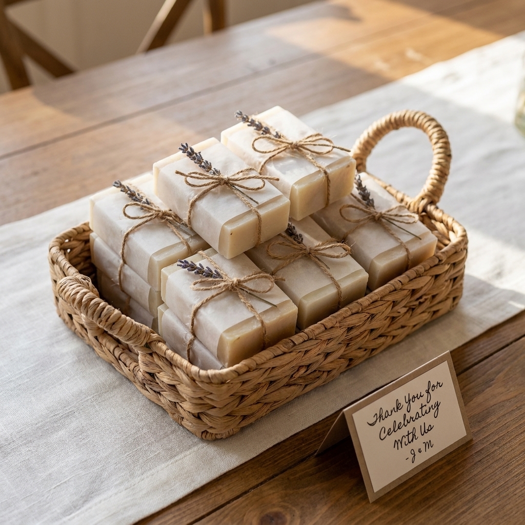 Small rectangular guest soaps wrapped in translucent paper with twine, stacked neatly in a shallow basket for wedding favors